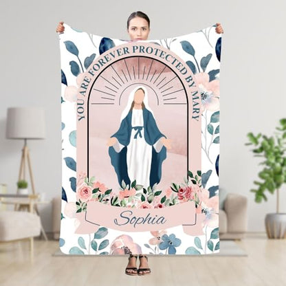 Baptism Present For Boys Blanket, Custom Marian Blanket, You Are Forever Protected By Mary, Throw Quilt For Children, Personalized Name Coverlet, Goddaughter Christening Blankets, Communion Gifts - color: #Ver2