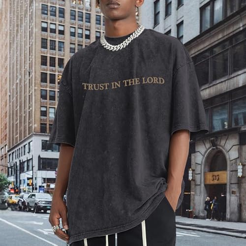 Wrenpies Mens Oversized Christian Shirts God Faith Jesus Religious Tshirts Trust in The Lord Bible Verse Tees Acid Wash Tops - color: Black, size: Small