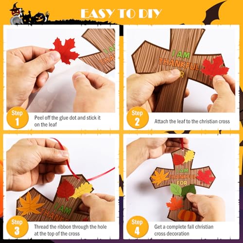MoDooris 24 Set Fall Cross Craft Kits DIY Thanksgiving Christian Decors Make Your Own Religious Cross Hanging Ornament with Leaf Cutouts for Kids Classroom School Sunday Church Thankful Activity