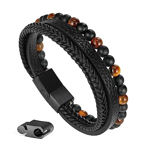 Beaded Leather Bracelets - Gifts for Men, 6mm Tiger Eye Lava Rock Stone Beads Braided Leather Bracelet Handmade Mens Bracelet With Adjustable Magnetic Clasp - color: Black-12