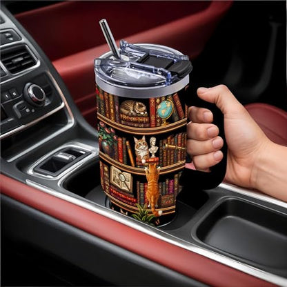 Cat Book Lovers Gifts for Women, 40oz Tumbler with Handle & Straw - color: BookshelfCat-Black