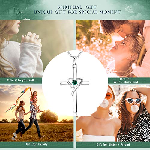 AmorAime 925 Sterling Silver Cross Necklace for Women Men 14K Gold Plated 5A CZ Birthstone Necklaces for Holiday - color: E.Green-May-Emerald