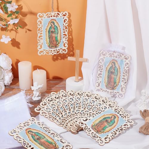 ORIGACH 30 PCS Our Lady of Guadalupe Wooden Picture Frames with Organza Gift Bags & Hemp Rope, Virgen De Guadalupe Picture Frames for First Communion, Christening, Catholic Gifts, Rectangle, 6.7×4.5 Inch