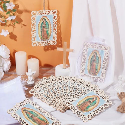 ORIGACH 30 PCS Our Lady of Guadalupe Wooden Picture Frames with Organza Gift Bags & Hemp Rope, Virgen De Guadalupe Picture Frames for First Communion, Christening, Catholic Gifts, Rectangle, 6.7×4.5 Inch