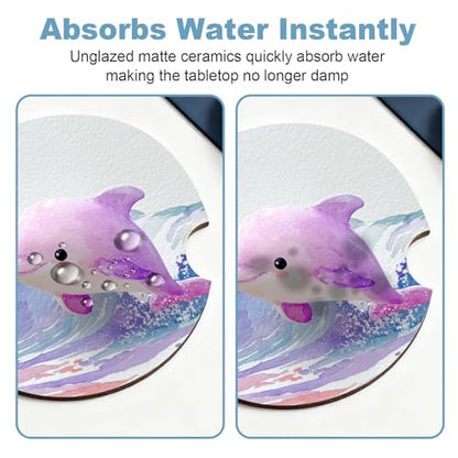 Ceramic Car Cup Holder Coasters Set of 2, 2.56 in Purple Dolphin - color: Purple Dolphin