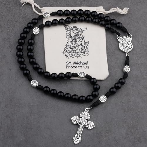 HanlinCC Stone Beads St.Michael Paracord Catholic Rosary with Bag for Men - style: Black Agate