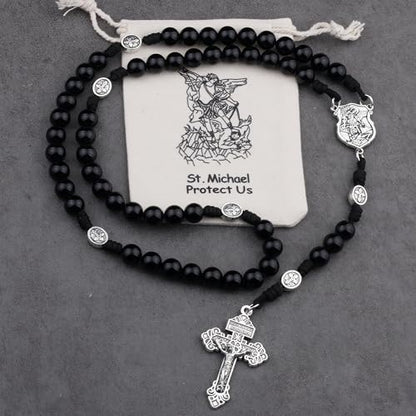 HanlinCC Stone Beads St.Michael Paracord Catholic Rosary with Bag for Men - style: Black Agate