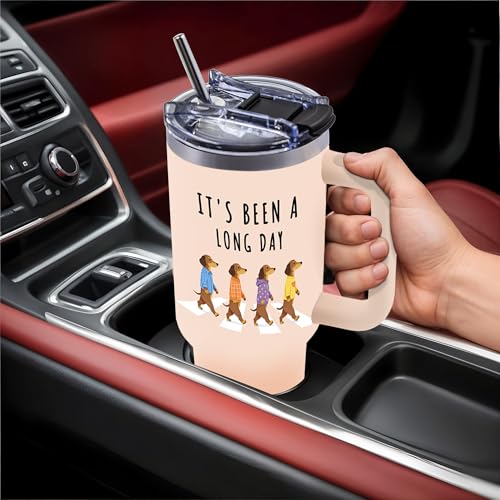 40oz Dachshunds Tumbler Gifts for Women, Water Bottle with Handle & Straw - color: Dachshund2-Khaki