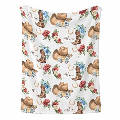 Personalized Cowgirl Throw Baby Gift Western Nursery, Cowboy Hat Boots Flower Pattern, Custom Name Toddler Kids Throw, Rustic Nursery Decor, Baby Gift Idea - color: Cowgirl Throw Baby Gift Western Nursery