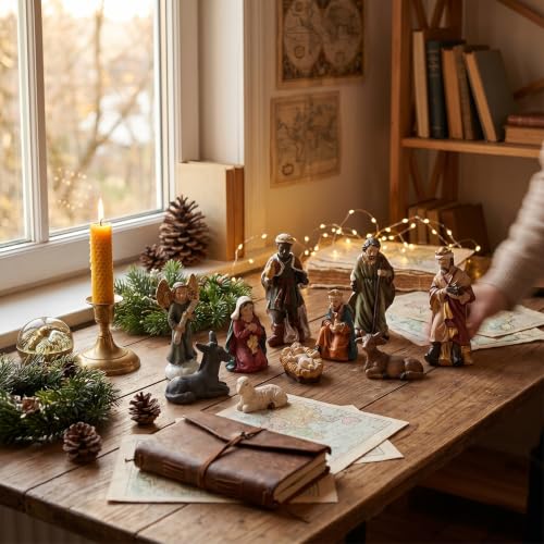 Tnfeeon 11 Pcs Christmas Indoor Resin Nativity Figurine Set Collectible Countertop Nativity Figures Miniature Statue Holy Family Decor