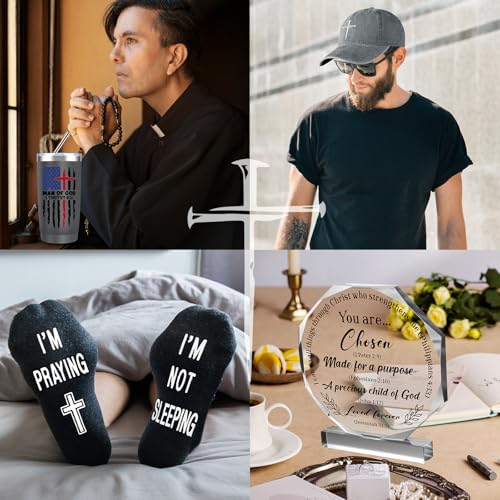 JTAMOHI 10 Pcs Christian Gifts for Men Faith, Inspirational Religious Gifts, Catholic Gift with 20 Oz Tumbler Bible Verses Crystal Plaque Hat Socks Bracelet for Husband, Dad, Grandpa, Friends
