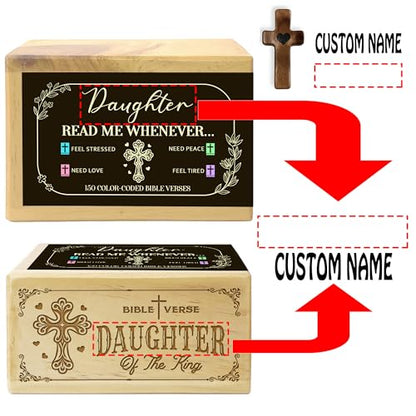 Personalized Daughter Bible Verse Box with 150 Color-Coded Scripture Cards, Custom Name Prayer Box with Pocket Cross, Christian Gift for Daughter, Christmas, Graduation - color: Daughter