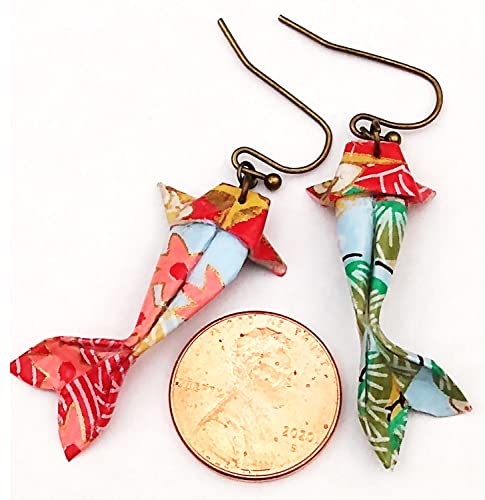 Paper Origami Koi Fish Earrings, 6 Color Patterns - color: Red Pink Blue