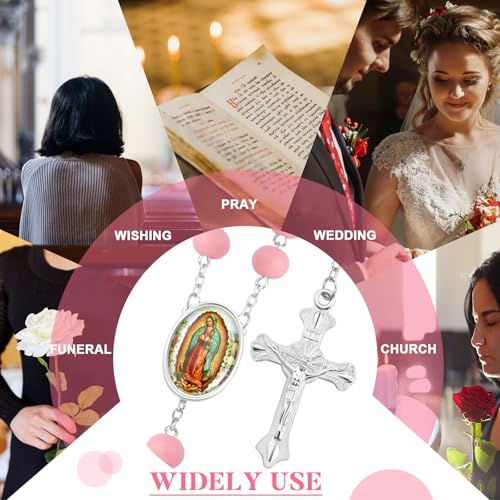 Taiyin 36 Pcs Wooden Bead Rosary Necklace with Crucifix and Our Lady of Guadalupe Scented First Communion Rosary with 36 Organza Bags Baptism Favors Catholic Gift for Men Women - color: Pink