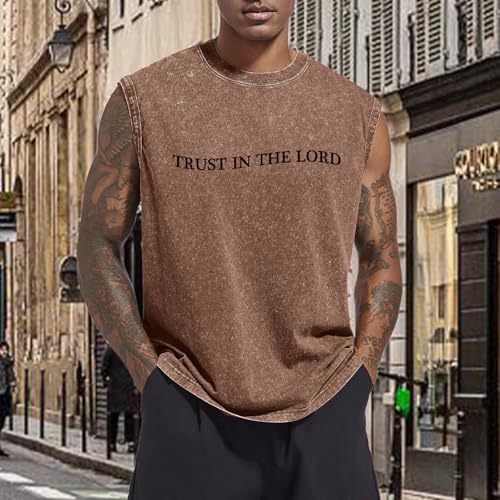 Mens Christian Tank Tops Trust in The Lord God Jesus Religious Faith Bible Verse Shirts Graphic Acid Wash Gym Tees - color: Coffee, size: Small