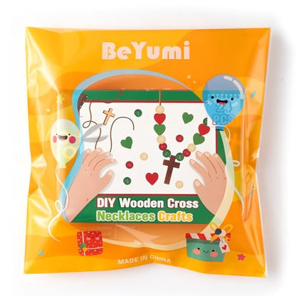 BeYumi Wooden Cross Necklace Craft - 24Pcs Christmas Wooden Cross Beads Necklace Craft Kit for Kids DIY Xmas Gift Christian Nativity Religious Jesus Decor Sunday School Classroom Party Fun Activities - style: Christmas