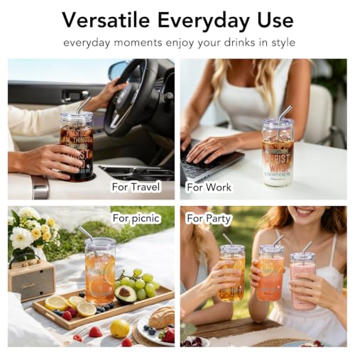 Christian Gifts for Women 16 oz Glass Cups with Lids and Straws, Inspirational Bible Verse Iced Coffee Cup Tumbler for Daily Use, Mothersday Baptism Birthday Religious Gifts for Church Friends