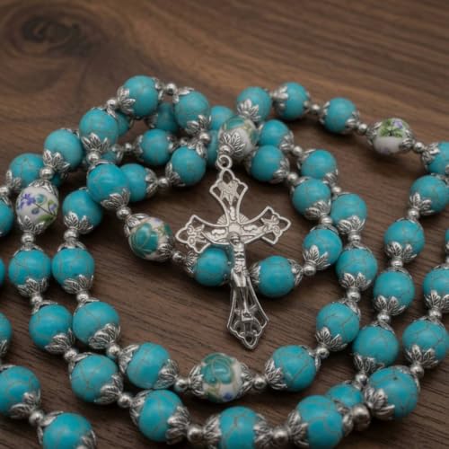 Nazareth Store Catholic Turquoise Marble Beads Rosary Flowers Beaded Necklace Miraculous Medal Cross Crucifix Silver Tone Rosaries in Velvet Bag