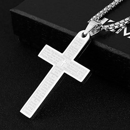 HZMAN Stainless Steel Cross Necklace for Men Women Lord's Prayer Pendant - color: Silver