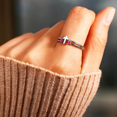 S925 Sterling Silver Cross Rings Birthstone Rings Christian Jewelry for Women Daughter, Easter Gifts, Confirmation and Baptism Gifts - color: 7-Jul