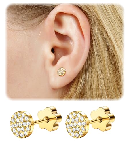 14K Gold Plated Small Stud Earrings for Girls Women Hypoallergenic Surgical Steel Cartilage Flat Back Stud Earrings CZ Cross Dot Bar Heart Handmade Screw Back Earrings Studs - color: Gold, style: Dot