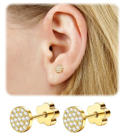 14K Gold Plated Small Stud Earrings for Girls Women Hypoallergenic Surgical Steel Cartilage Flat Back Stud Earrings CZ Cross Dot Bar Heart Handmade Screw Back Earrings Studs - color: Gold, style: Dot
