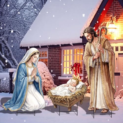 Shimeyao 3 Pcs Metal Christmas Outdoor Nativity Scene Set 54.3 Inch Large Christmas Holy Family Nativity Scene Decorations Includes Stakes Jesus Joseph Mary for Xmas Holiday Garden Decor - style: Classic