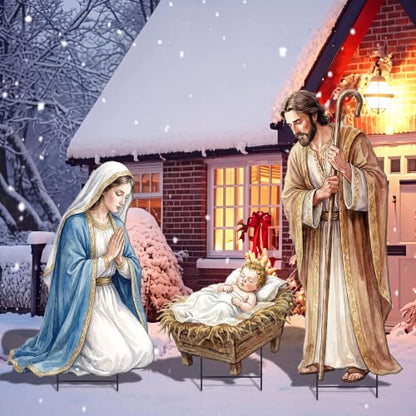 Shimeyao 3 Pcs Metal Christmas Outdoor Nativity Scene Set 54.3 Inch Large Christmas Holy Family Nativity Scene Decorations Includes Stakes Jesus Joseph Mary for Xmas Holiday Garden Decor - style: Classic