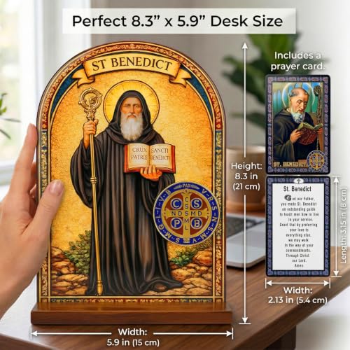 TALPGOD St Benedict Medals Stand Catholic Ornament Statue – Saint Benedict Statue Acrylic Tabletop Décor for Home Altar & Desk, Christian Gift for Women & Men - color: St Benedict