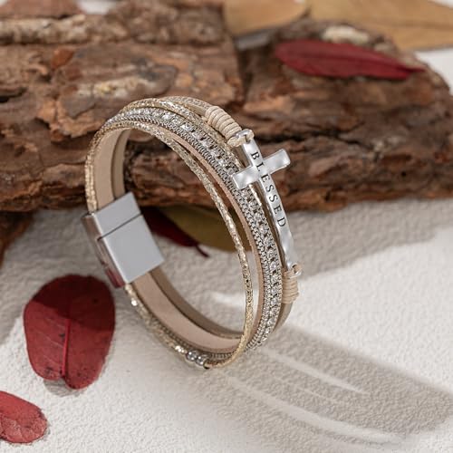 Christian Cross Leather Bracelets Boho Western Blessing Religious Jewelry - color: Gold