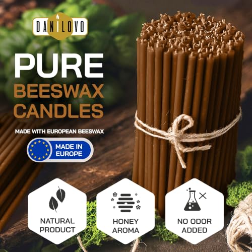Danilovo Thin Taper Beeswax Candles - Honey-Scented, Decorative Candles Ideal for Birthday Decoration or Church Prayers - Brown Drip Free, Tall & Smokeless Pack of 50 pcs, 7.3 x 0.24 inch - color: Brown