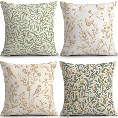 Green Leaf Throw Pillow Covers Set of 4, 18x18 Botanical Bird Couch Decor - color: Botanical Leaves 01, size: 18" x 18" (Pack of 4)