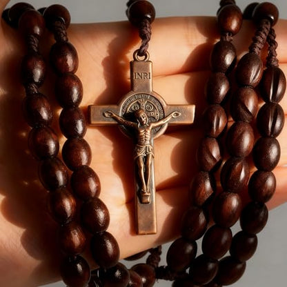 2 Pack Wooden Rosary Beads, Handmade Prayer Beads for Women and Men with Jerusalem Holy Soil Medal & Metal Cross, Unisex Catholic Rosary Jewelry Gift (Black + Brown)
