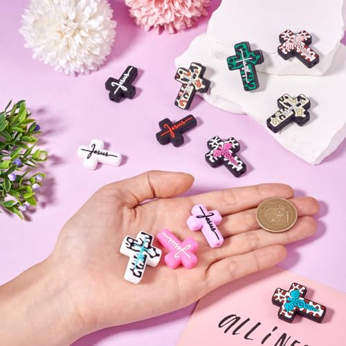 Beadthoven 12Pcs 12 Styles Cross Silicone Focal Beads Word Jesus Cow Leopard Printed Silicone Beads Cute Cross Shaped Charm Spacers for Pens Keychain Jewelry Making DIY Supplies Crafting - color: Jesus Cross 12 Styles