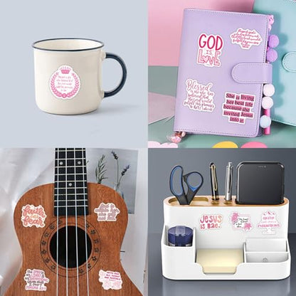 110Pcs Bible Verse Stickers Pack, Inspirational Christian Stickers for Teens Adults, Vinyl Waterproof Sticker for Water Bottle Laptop Scrapbook Journal Party Supplies(Pink)