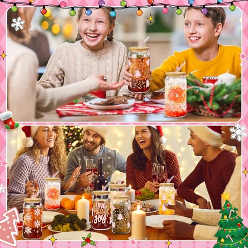 Glass Cups with Lids and Straws, 6Pack, 16oz, Christmas - style: Christmas Gingerbread