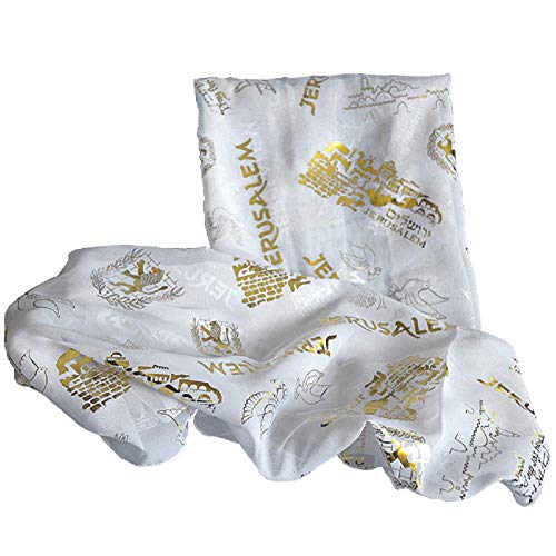Biblical World Jerusalem Scripture Scarf For Woman, 100% Polyester 20 x 60 inches - color: White