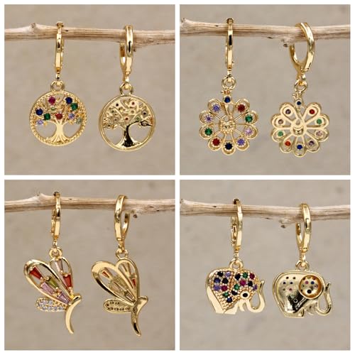 18K Gold Plated, Dangle Earrings for Women, Flower/Heart Drop earrings, Hypoallergenic Cubic Zirconia Earrings, Lightweight, Party, gold earrings, Jewelry for Gifts, Fashion - style: 4Pack-Drop-Mix