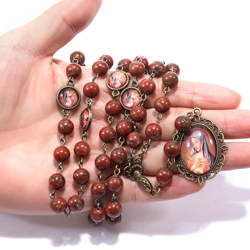 Nazareth Store Our Lady of Sorrows Stone Beads Rosary Solid Beaded Chaplet Necklace with Epoxy 7 Seven Sorrows Medallion - color: Red Jasper