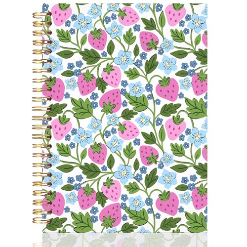 UTELKA Pink Strawberry Spiral Notebook Strawberry Journal Notebook 5.5x8.3, Rustic Blue Flroal Cottagecore Cute Notebook Journal for Office Work Books for Student Strawberries School Supplies - color: Pink Strawberry