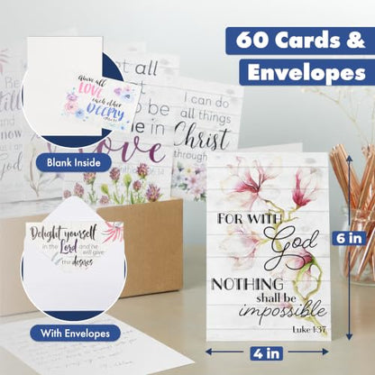 BEST PAPER GREETINGS Inspirational Cards with Envelopes - 60 Pack, 4 x 6 in, 6 Floral Designs - Christian Greeting Cards with Scripture Encouragement & Bible Verse Notes - size: 60-pack