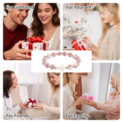 Cross Bracelet for Women - Christian Cross Beaded Bracelet Religious Jewelry for Women, Catholic Confirmation Gifts Inspirational Stretch with Charm, Meaningful Confirmation Jewelry Gifts - color: Rose Red