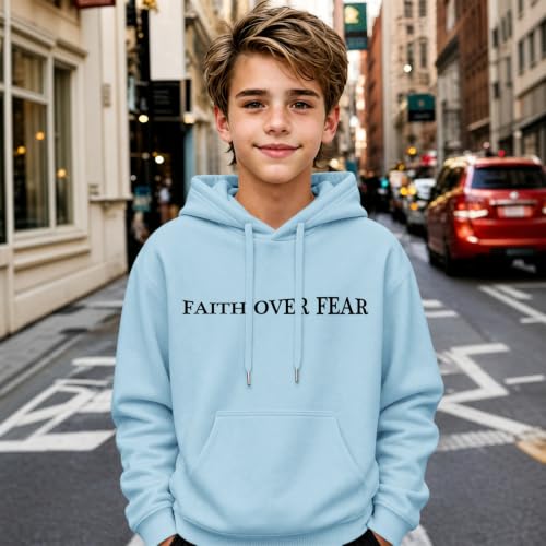 Fkatuzi Christian Faith Over Fear Hoodies For Teen Jesus Hoodie God Sweatshirt Bible Verse Religious Graphic Tops - color: Light Blue, size: Medium