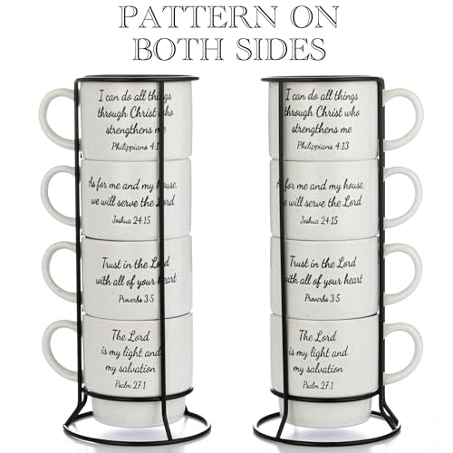 Signature Housewares Stackable Coffee Mug Tower Set with Metal Wire Rack - 15 Ounce Coffee Mugs for Coffee, Tea, Cocoa, Milk, Cappuccino, Hot Chocolate Set of 4 - Inspirational Bible Verses - color: Inspirational Bible Verses, size: 15oz