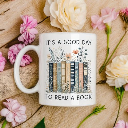 Gifts for Books Lovers Women - It’s A Good Day To Read A Book Mug, Book Lover Mugs, Books Coffee Cup with Stacked Novel Design, Bookworm Mugs for Readers - color: Book