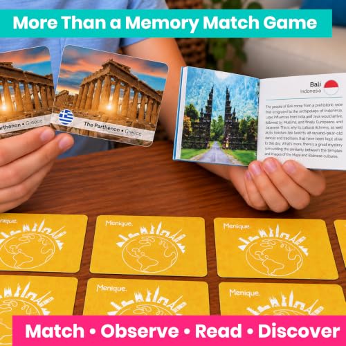 Menique Explore the World Memory Matching Game – Geography Game with 100 Photo Cards, 50 Countries, Flags & Landmarks – Travel Card Game with Educational Booklet, Ages 3+ - style: Explore the World