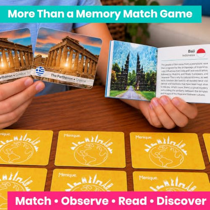 Menique Explore the World Memory Matching Game – Geography Game with 100 Photo Cards, 50 Countries, Flags & Landmarks – Travel Card Game with Educational Booklet, Ages 3+ - style: Explore the World