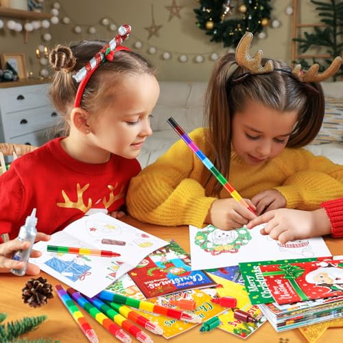 BenLouis 24 Christmas Mini Coloring Books with 24 Crayons for Kids Bulk - style: Christmas