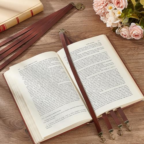 FINGERINSPIRE 2 Styles Leather Ribbon Bookmark 13.7x0.4 inch Cowhide Leather Bookmarks with 4 Ribbon Alloy Anchor Helm Tree of Life Pendant Saddle Brown Leather Bookmark for Women Men Book Lovers - color: Anchor & Life Tree Pendant