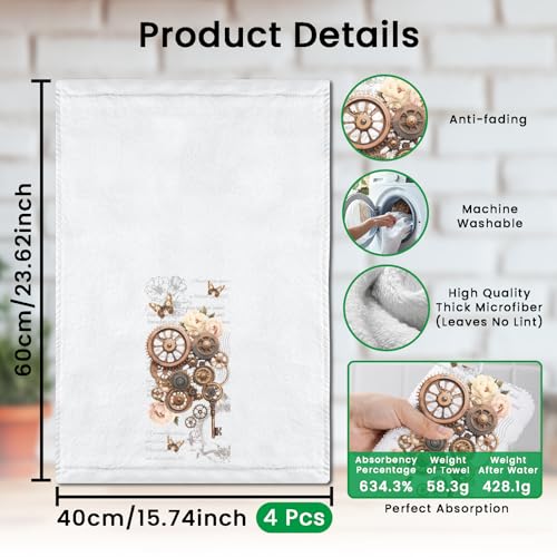 CUTHOLLOW 4Pcs Vintage Gear and Flower Kitchen Towels Cute Tea Towels - color: Vintage Gear and Flower